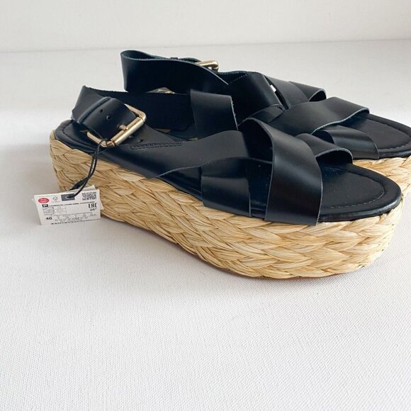 NWT Zara Black Leather Strappy Flatform Platform Sandals 40 - Picture 2 of 10
